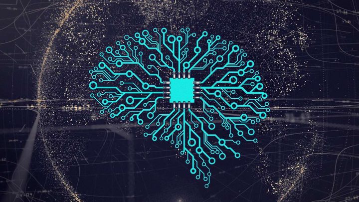 Illustration of a neural network shaped like a brain around a chip