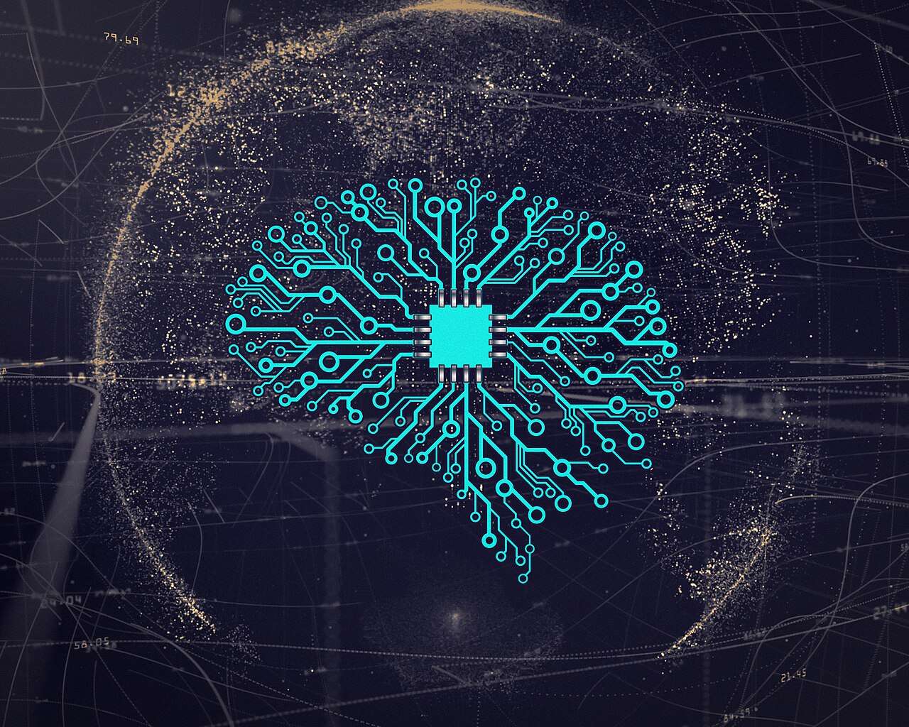 Illustration of a neural network shaped like a brain around a chip