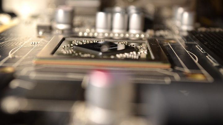 Close-up of a complex graphics card circuit board