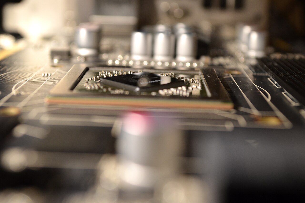 Close-up of a complex graphics card circuit board