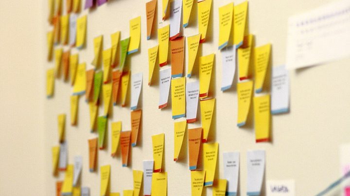 Wall covered with colourful sticky notes used for project planning