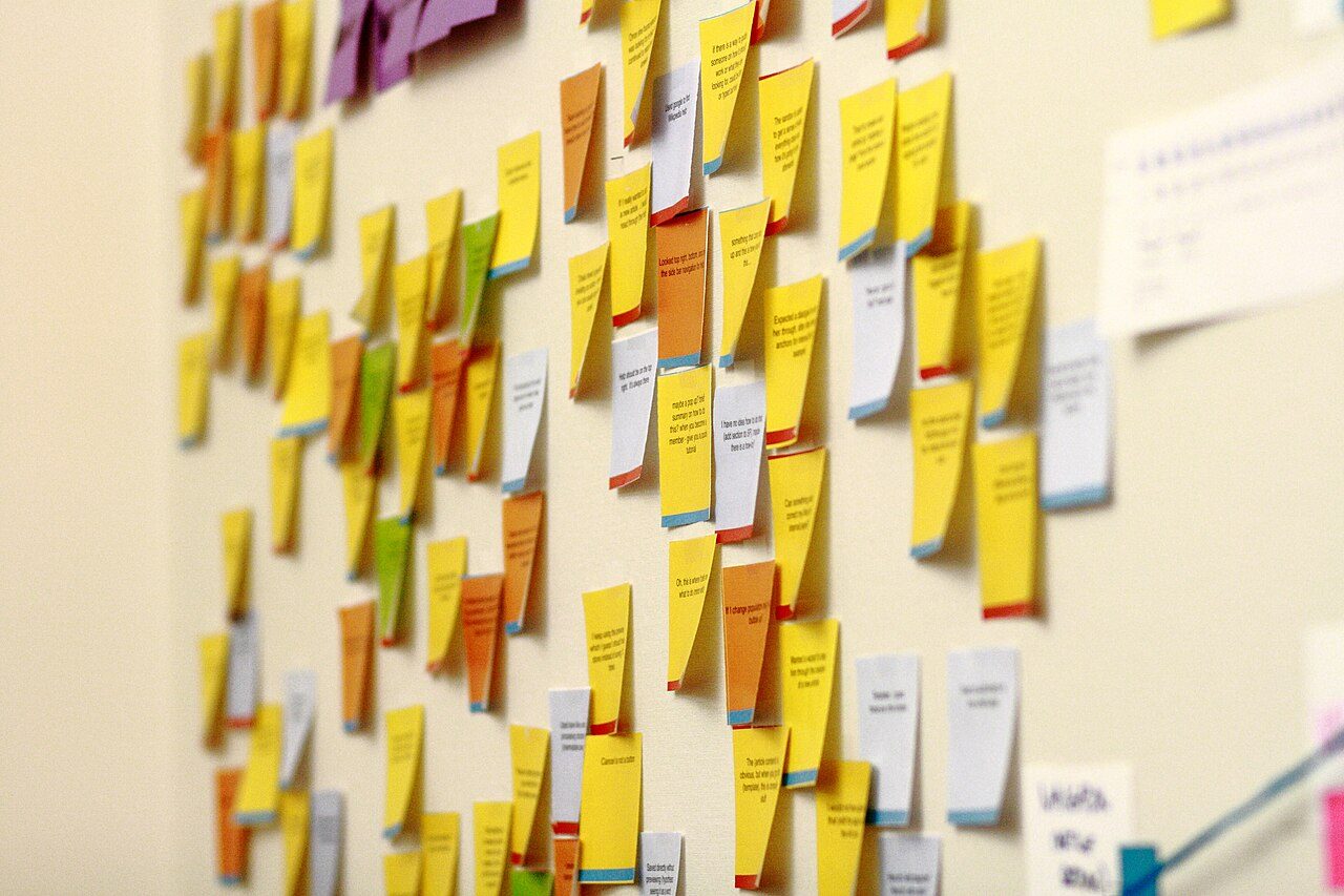Wall covered with colourful sticky notes used for project planning